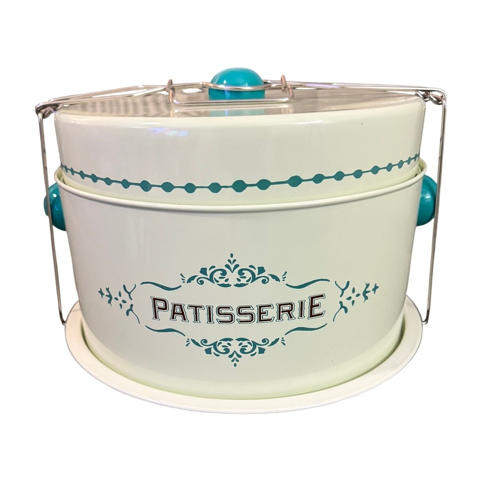 Vintage Style Patisserie Metal Cake Carrier Tin with Recipe Teal Cream